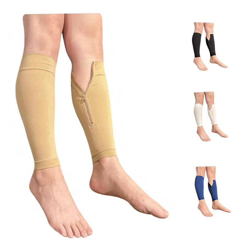 Ziperior Inside Leg 20-30 mmHg Compression Shin Calf No Foot Zipper Sleeves (Nude, Large-X-Large) - Image 1